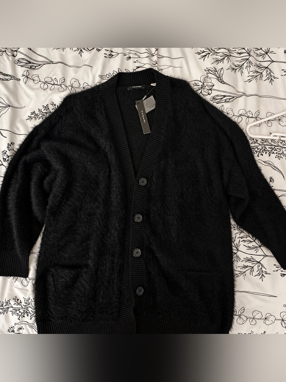 T Tahari Black Fuzzy V Neck Button Front Cardigan Sweater NWT